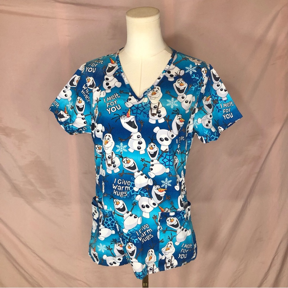 Women’s Blue Olaf Print V-Neck Scrub Top